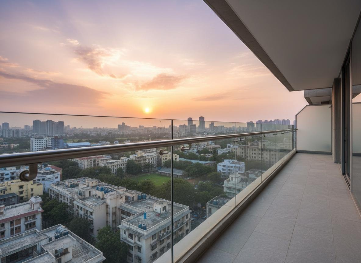 Frameless glass railing with aluminium handrail